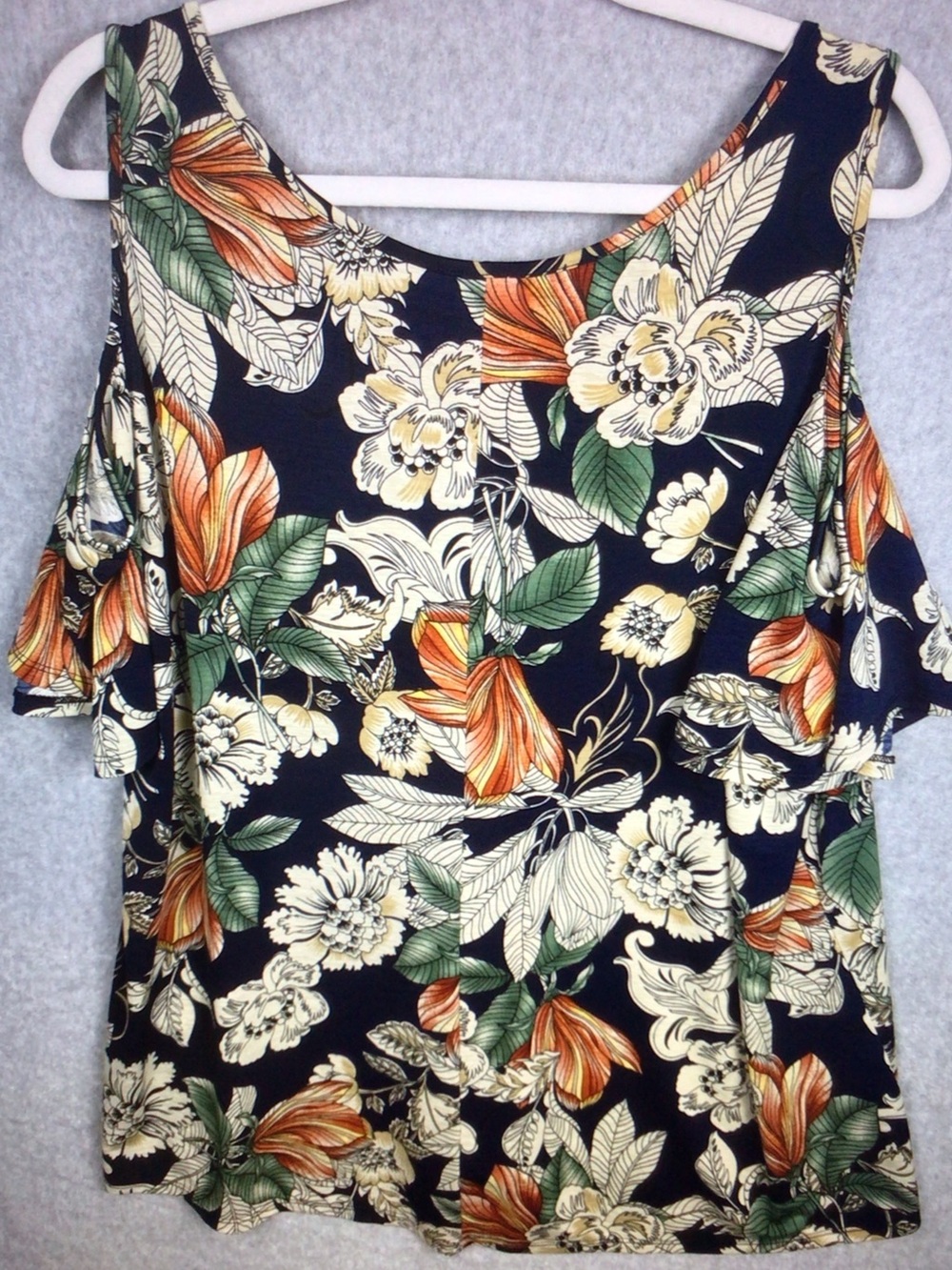 NAIF Navy Floral Cold-Shoulder Camisole with Cream, Green & Orange Print